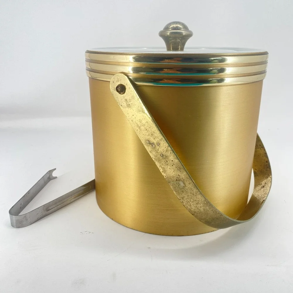 Vintage Ice Bucket Gold Toned with Lid and Ice Tongs Mid Century Barware Round